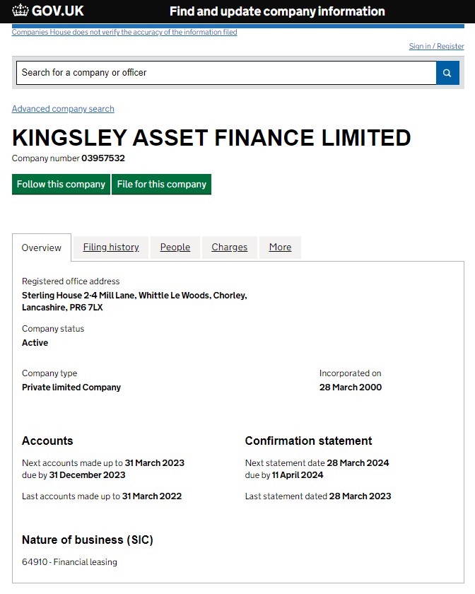 Kingsley Asset Finance Limited регистрация
