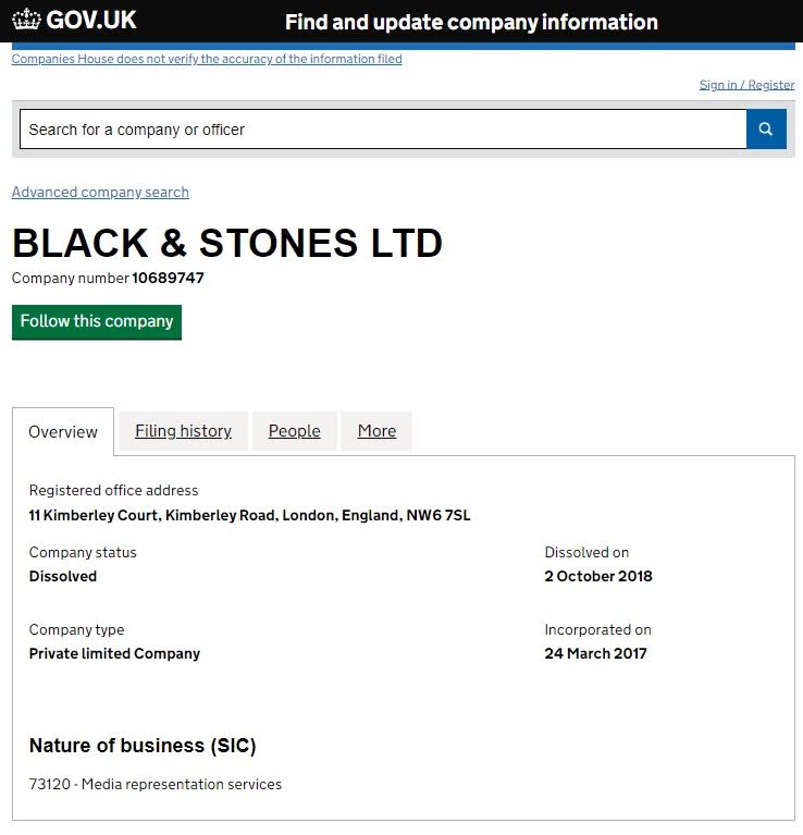 BLACK & STONES LTD лицензия